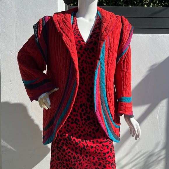 80s Bob Mackie Red Quilt Suede Jacket - Picture 12 of 14